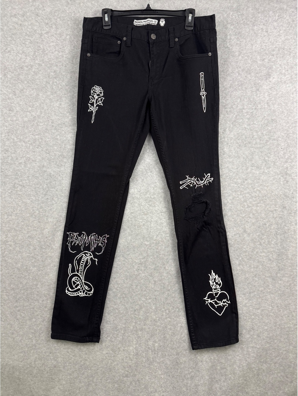 Broken Promises Black Skinny Jeans Rose Snake Graphic Distressed Men’s 34x31